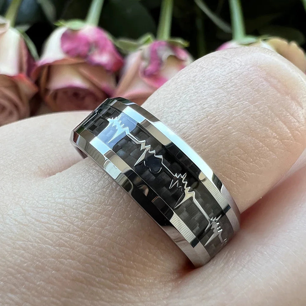 Black Carbon Fiber Heart Tungsten Ring